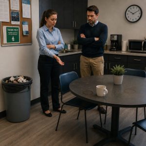 Two employees discussing poor cleaning services in their breakroom.