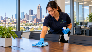 Person in a SmartClean shirt with cleaning supplies, cleaning an office.